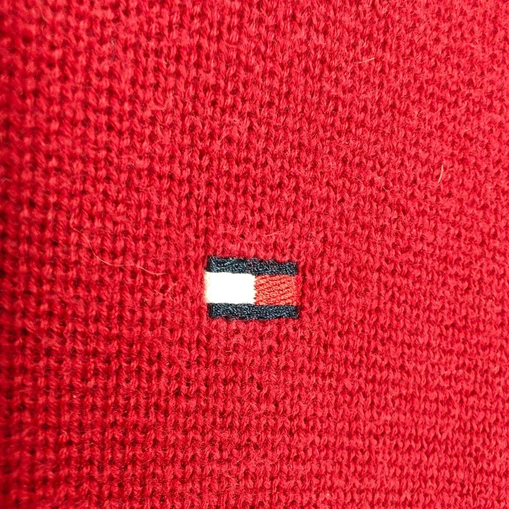Tommy Hilfiger Mens Red Quarter Zip Cotton Knit Sweater Large Flag Logo Striped